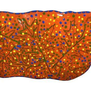Handmade Ceramic 17" x 8" Serving Platter Hand-Painted Dot & Leaf- Blue Trim NEW